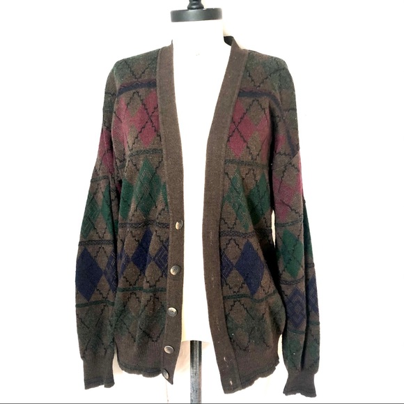 Italian Brown Argyle Wool Blend V-Neck Cardigan Grandpa Menswear Sweater - Picture 6 of 16